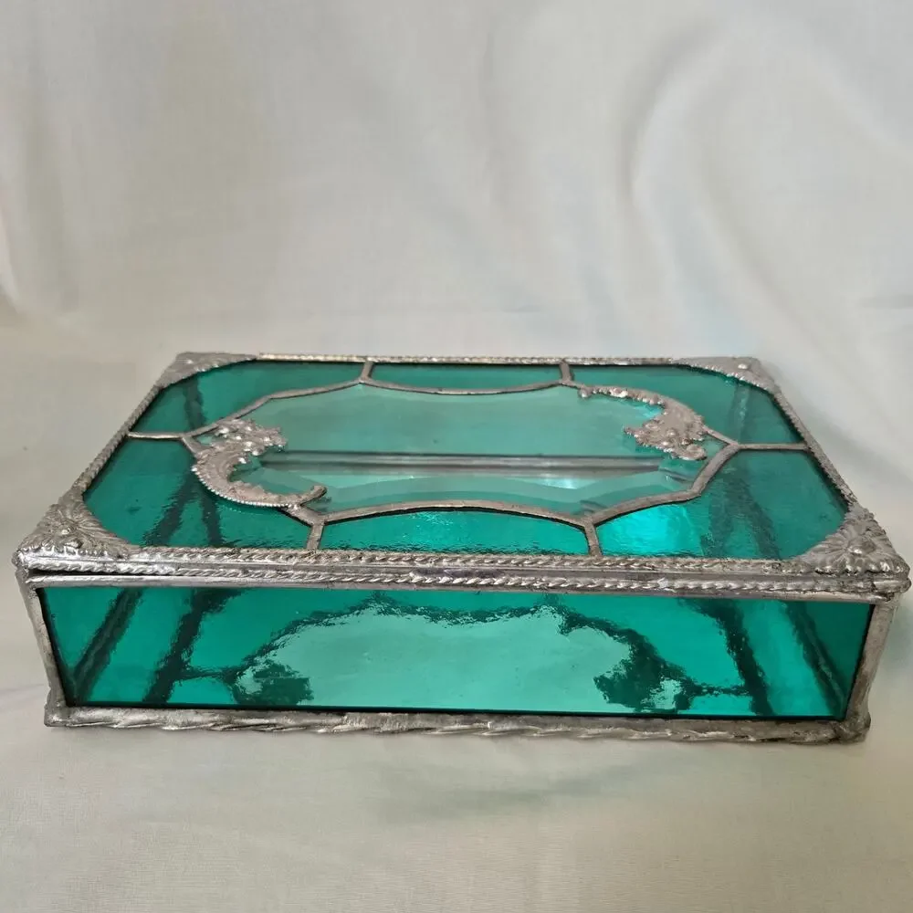 Teal Green Stained Glass Mirrored Jewelry Box Trinket Box Beveled and Waterglass